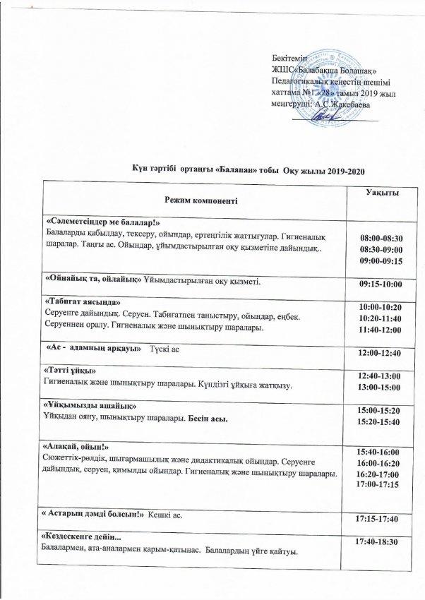 "Балапан" ортаңғы тобының күн тәртібі 2019/2020 оқу жылы